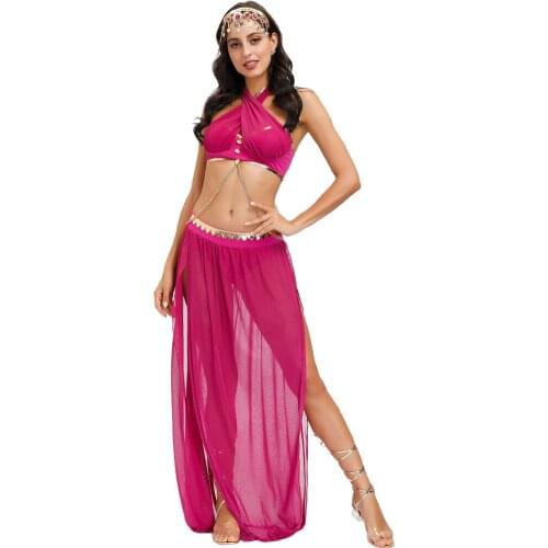 Halloween Costume Rose Red Sexy Snake Girl Indian Dancer Party Performance Split Hakama Arab Belly Dance