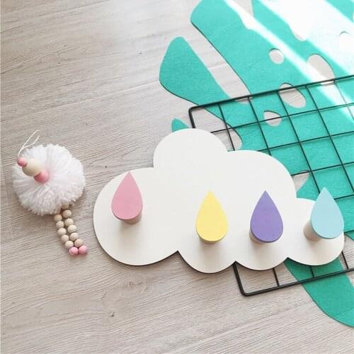 Nordic Style Creative Cloud Raindrop Model Linked To Solid Wood Key Storage Rack Childrens Room Personalized Shelf Home Decor