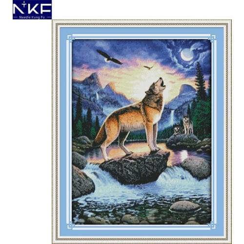 NKF Howling Wolf Cross Stitch Pattern Handmade Craft Needlework Embroidery Kit Animal Cross Stitching Set for Home Decor