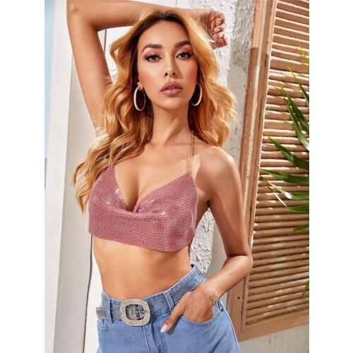 2021 New Metal Chain Sequined Strapless Tube Top Sexy V-neck Halter Strapless Shiny Tube Top Vest cropped top