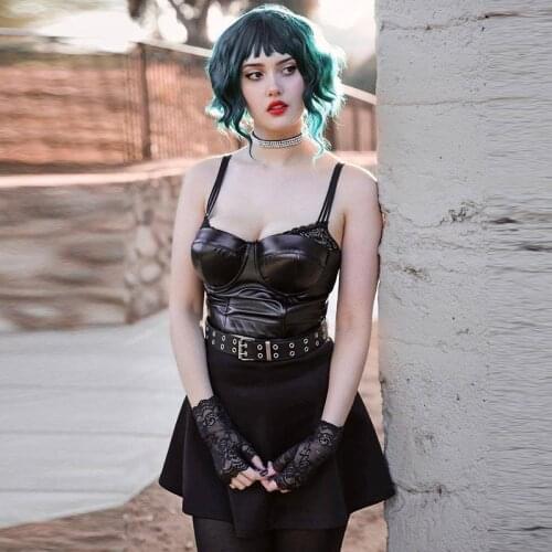 2021 New Punk Lace Leather Black Camis Y2K Goth Grunge Bodycon Corset Tops Streetwear Sexy Backless Zipper Club Party Crop Tops