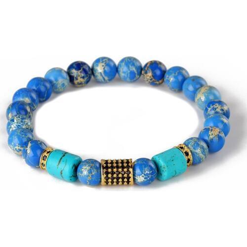New 8mm Natural Blue Emperor Imperial Turquoises Stone Bead With Cylinder Black CZ Charms Standard Beaded Bracelet Bangle Men