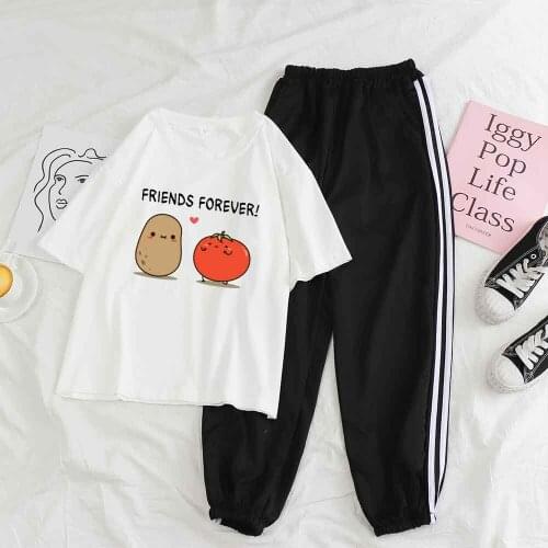 Sleepwear Women Cute Plus Size Sets Female Kawaii Sleepwear Potato Tomato Print Streetwear T Shirt 2 Piece Set Trouser Suits