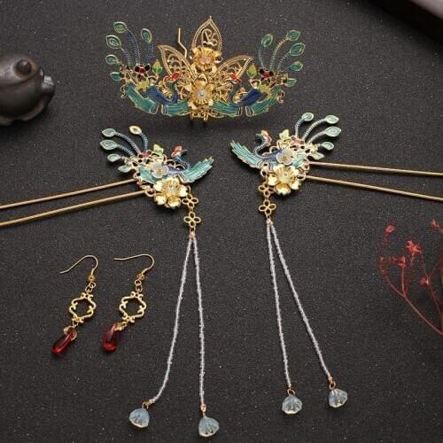 Original Hanfu Kanzashi Hair Accessories Hair Crown Headwear Set Long Tassel Step Shake Eardrop Antique Hair Ornaments