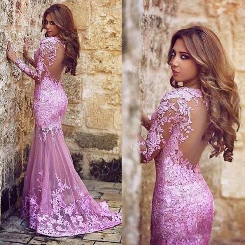 New Arabic Sexy Pink Sheer Long Sleeves Lace Mermaid Prom Dresses Tulle Lace Applique Seen Through Back Formal Party Evening Dre