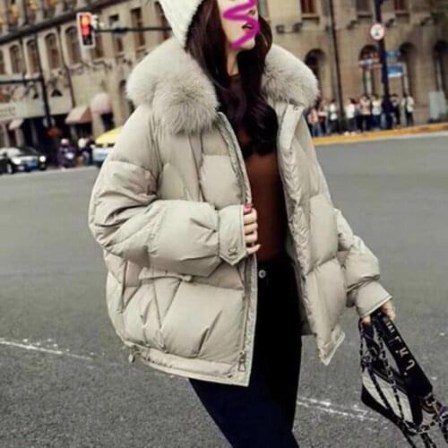 FNOCE 2020 winter new womens down jacket street fashion solid hooded long sleeve Fox Fur Collar loose slim coat parka jacket
