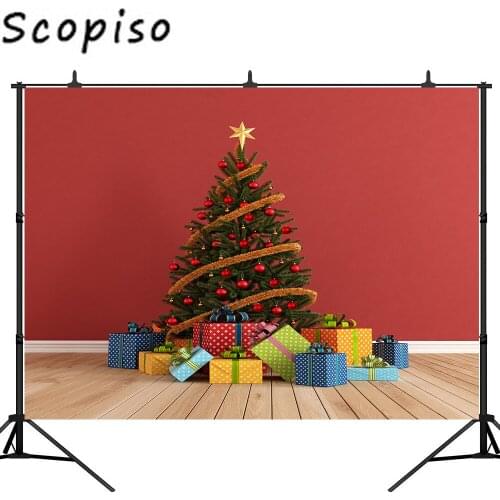 Scopiso Merry Christmas red room with Christmas background and Christmas tree gifts Photography Background Photo Studio Prop