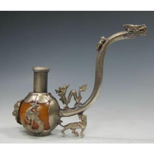 Old Chinese Handmade Inlay Yellow Jade Tibet Silver Dragon Smoking Pipe