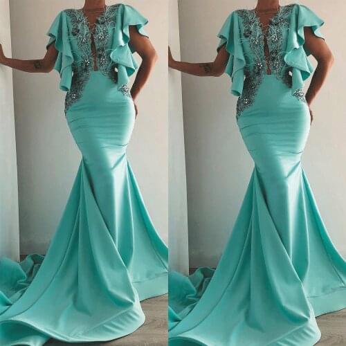 SuperKimJo Turquoise Blue Feather Evening Dresses Long 2020 Mermaid Elegant Beaded Lace Applique Formal Evening Gown
