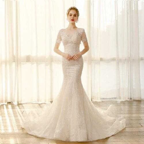 SL6805 simple wedding dress mermaid short sleeve apliques para laços robe de soirée de mariage lace cheap bridal gown for bride