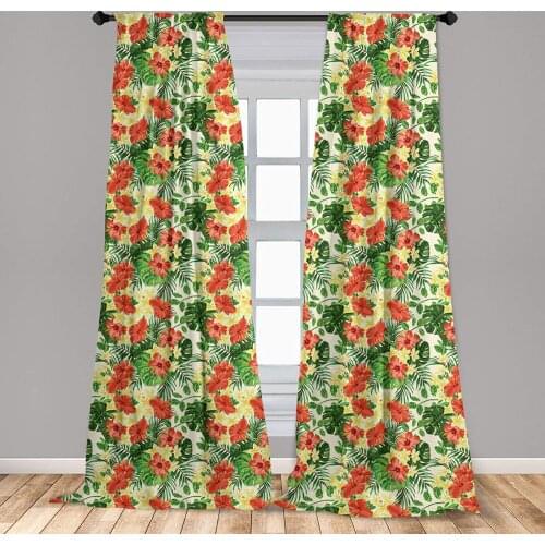 Tropical Curtain Exotic with Plumeria Hibiscus Monstera Palm Flowers and Leaves Window Treatment Living Room Bedroom