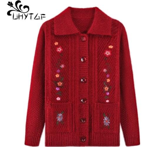 UHYTGF Spring autumn sweater coat cardigan womens casual plus size top Single-breasted middle-aged lady warm sweater jacket 1208