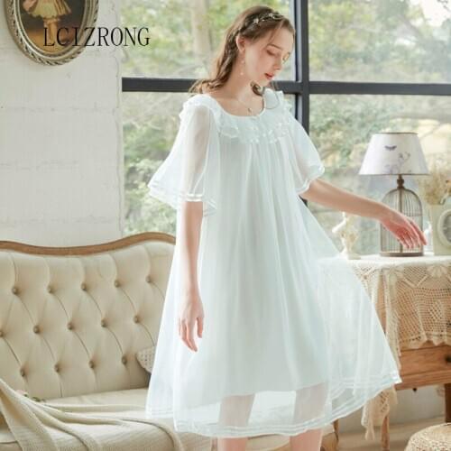 Vintage Palace Princess Sleepwear Dress Women Summer Sweet Loose Long Sleeve Mesh Nightgown Autumn Casual Cotton Home Clothes