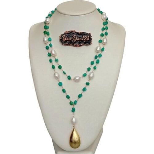YYGEM 2 Strands Natural Amazonite Nugget White Rice Pearl Wrap Necklace Teardrop Brushed Bead Pendant necklace 21" for women