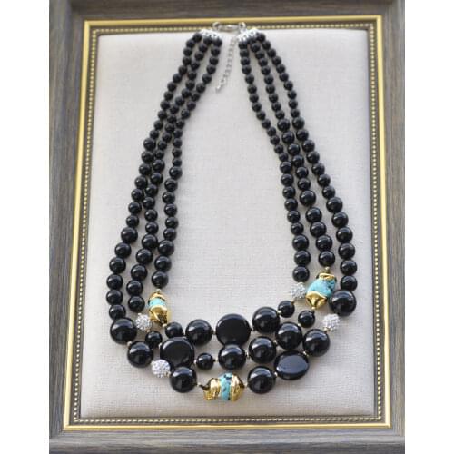 Z10884 3Row 23" Round Black Agate Baroque Turquoise CZ Bead Tower Necklace