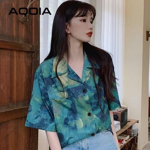 2021 Summer Chic Korean style Tie dye Women Shirt Loose Shirt Short Sleeve Button Up Womens Blouses Plus Size Female Clothing