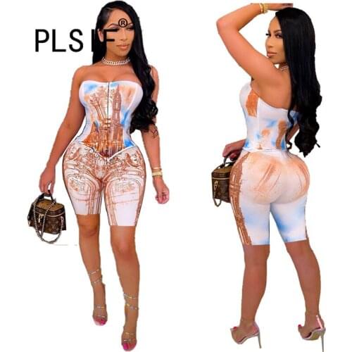 Women Strapless Skinny Shorts Set Summer Print 2 Pieces Outfits Ladies Slim Matching Set