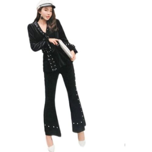 Vintage Black Velvet Womens Pants Suit Long Sleeve Diamond Bow Belt Coat Tops Wide Leg Full Length Sets Tracksuit for Womens