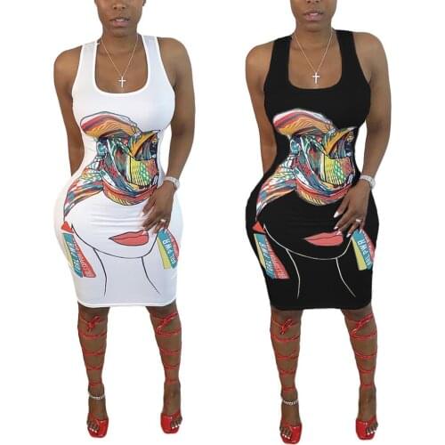 Adogirl Cartoon Print Sleeveless Tank Dress Women Bodycon Midi Dress 2020 Summer Casual Bandage Lady Pencil Dress Vestido
