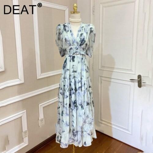 DEAT Woman Maxi Dress Silk Sashes Slim High Waist Elegant Classic Short Sleeve V Collar Dresses Casual 2021 New Summer 15XM168