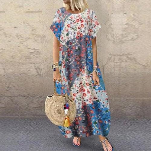2021 Autumn Summer ZANZEA Pleated Dress Women Vintage Vestidos Robe Printed Long Maxi Dresses Plus Size Femme 3/4 Sleeve Tunic