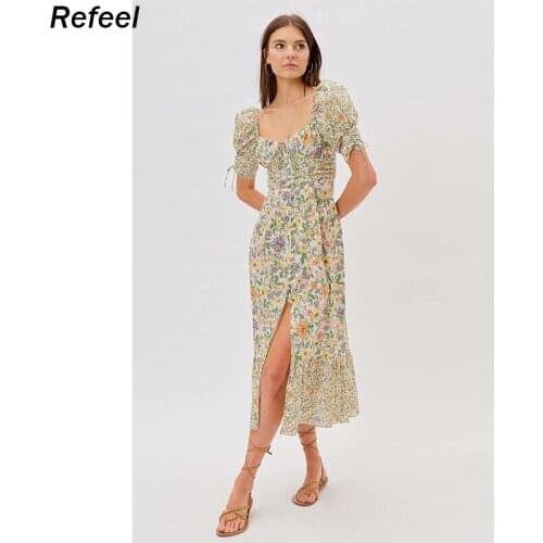 Summer Vintage Party Dress V-neck Elegant Sexy Dress Beach Female Floral Print Mid Dresses Vestidos