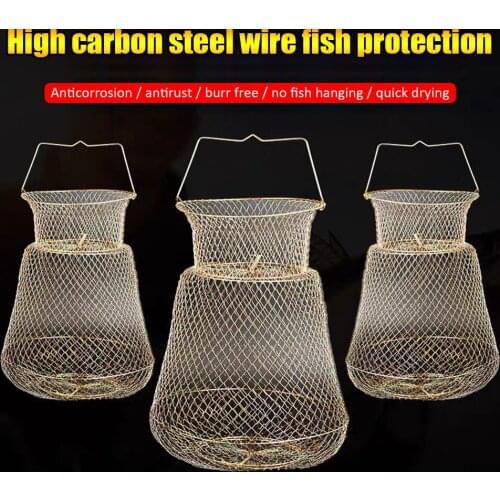 1PCS Foldable Steel Fish Basket Outdoor Portable Wire Woven Fish Crab Lobster Storage Cage Fishing Trap Net Fishing Accessories
