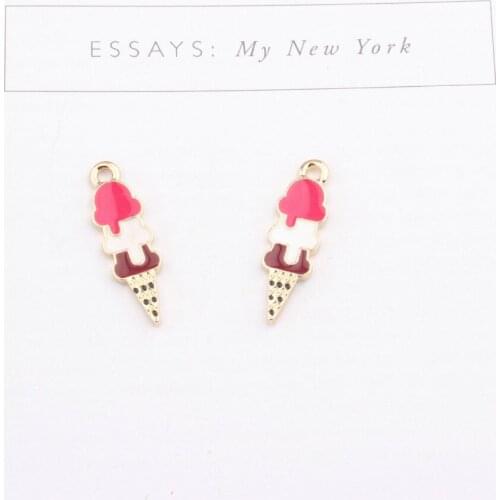 Free Shipping 60PCs/Lot 8*28MM Cute Enamel Alloy Charms Kawaii Ice Cream shape Gold Color plated Oil Drop Pendant Charm Craft