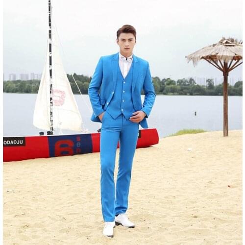 Blazer men groom suit set with pants mens wedding suits costume singer star style dance stage clothing blue formal dress