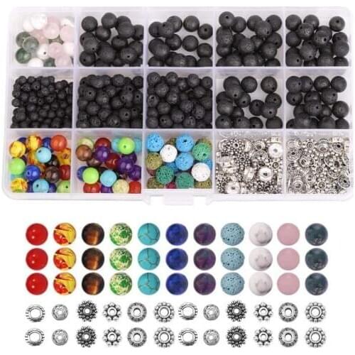 ICNWAY 4- 8mm Black Natural Volcanic Stone Chakra Beads Natural Stone Loose Beads Zinc Alloy Separator DIY Jewelry Accessories