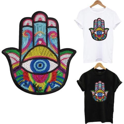 Colorful Hamse hand Of Fatima Iron On Patches For Clothing Garment Accessory Sewing On Clothes Mandalas Hand Sequins Embroidery
