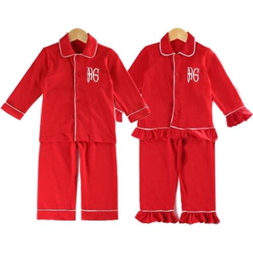 Kids clothing 100% cotton plain cute red pyjamas winter with ruffle baby girl Christmas boutique home wear full sleeve pjs