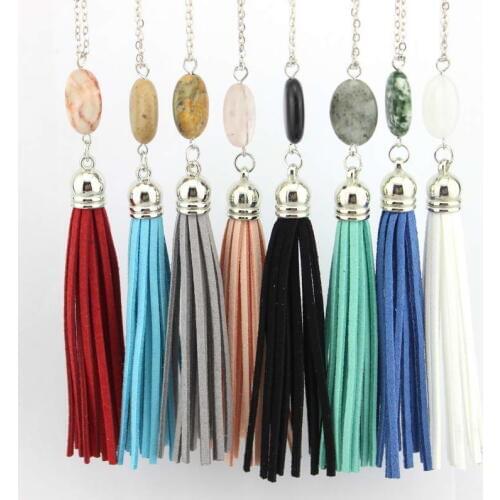 Long Tassel Necklace Pendant N3461 Leather Tassel Oval Natural Stone Necklace for Women Sweater Chain Fashion Jewelry