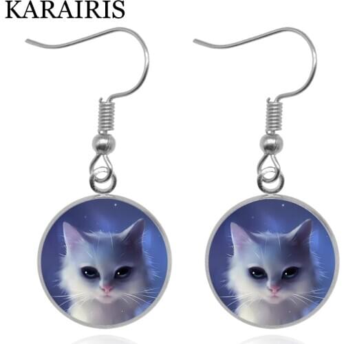 KARAIRIS Cute Cat Glass Cabochon Dangle Drop Earrings for Women Girls Handmade Craft Jewelry Earrings Private Custom