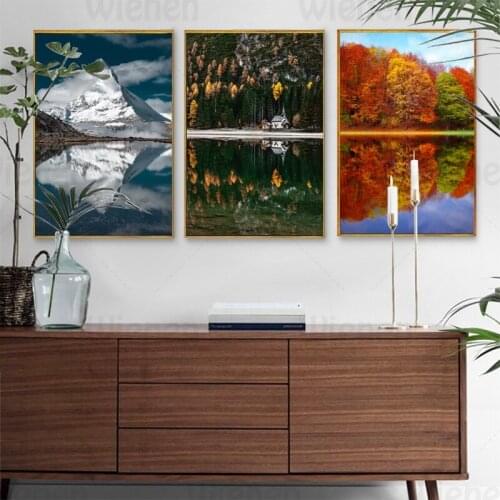 Canvas Painting Landscape Posters and Prints Natural Scenery Snow Mountain Lake Autumn Forest for Living Room Decoration WallArt