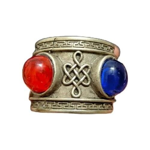 Chinese old Tibetan silver ring with diamonds and gems