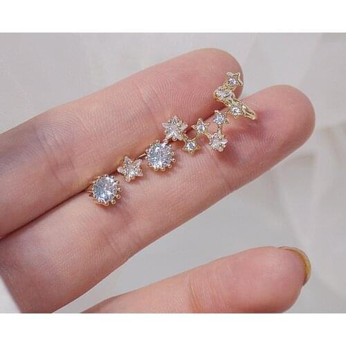 Korean Exquisite Shining Star Zirconia Earring for Women Bling Transparent CZ Asymmetry Stud Earrings Wedding Engagement Gift