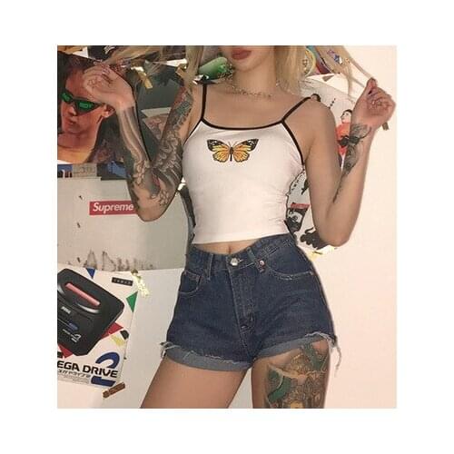 2021 New Butterfly Crop Top Women Ribbed Stretchy Sport Casual Summer Tank Top Off Shoulder Sexy Vest Camisetas Mujer Tirantes