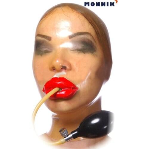 MONNIK latexLatex mask Latex Gummi Rubber Hood Mask With Red Lips and Inflatable Gag