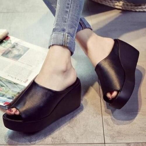 Summer Women Slipper Wedges Leather Slip on Casual Beach Slides Platform Ladies Shoes Height Increasing Chunky TGHDOF 2021 35-41
