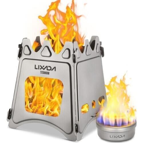 Lixada Compact Folding Titanium Wood Stove with Mini Alcohol Stove for Outdoor Camping Cooking Picnic Hiking Fishing