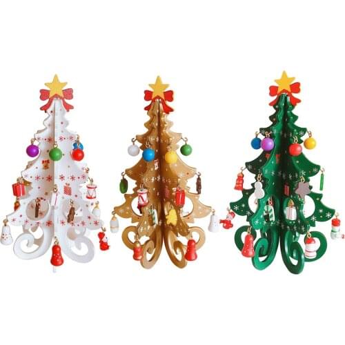 Mini Christmas Tree Decoration Wood Landscaping Craft with Little Pendant Home Party Desktop Festival Ornament DIY Kid Gift
