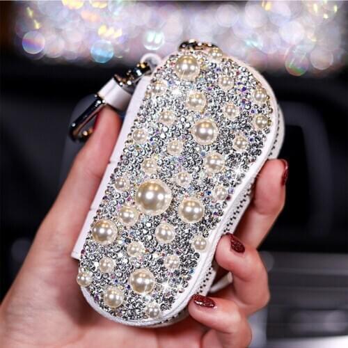 Fashion Lady Bling Rhinestone Cystal with White Pearl Car Key Bag Shell Case Cover New