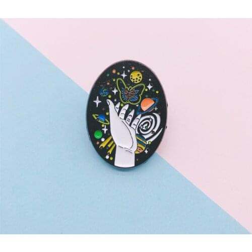 Cartoon Creative Fun Round Universe Starry Sky Planet Butterfly Hand Enamel Brooch Alloy Badge Pin Accessories Woman Jewelry