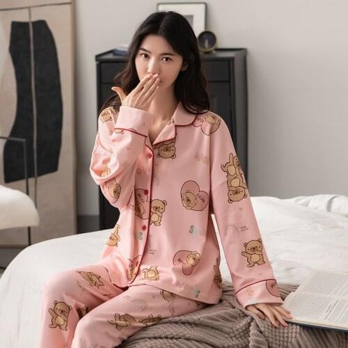 Set Turn-Down Collar Home Wear Casual Nighty Loose Pijamas Comfort Pyjamas Cute Pink Cartoon Sleepwear Women Cotton Pajamas