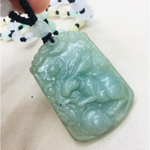 Pure natural Emerald jade Hand-carved large oily zodiac rabbit pendant with emerald three-color bead necklace sweater chain