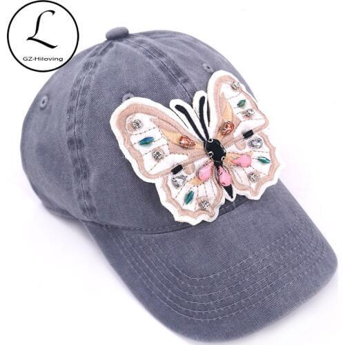 Dropshipping Woman Butterfly Rhinestones Baseball Cap Summer Soft Washing Cotton Snapback caps and hats Girls Outdoor Sport Cap