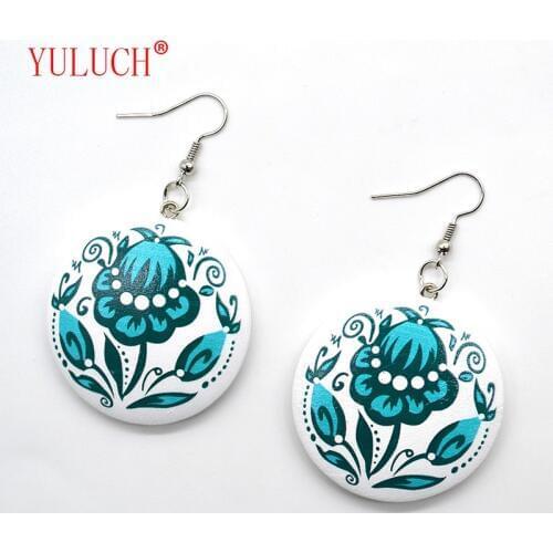 YULUCH Color Printing 4 Color Flowers Round Wooden Fashion Pop Pendant Earrings Cute Woman New Arrival Accessories Gifts