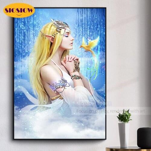 SIOSIOW 5d Diy Diamond Mosaic Embroidery Beauty Women Bird 3d Diamond Painting Elfin Princess Full Square Drill Decor Home Room