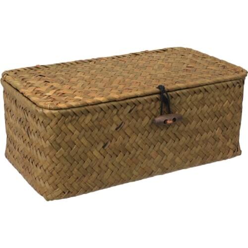 Straw Basket with Lid Rattan Woven Basket Desktop Clothes Sundries Storage Box for Bedroom Home Decor )